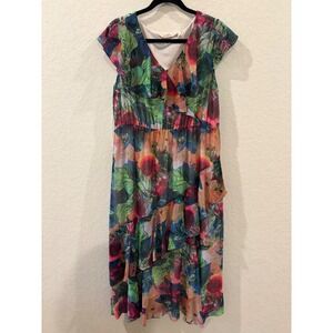Soft Surroundings Petite Large Tropical Floral Chiffon Ruffle Maxi Dress Multi